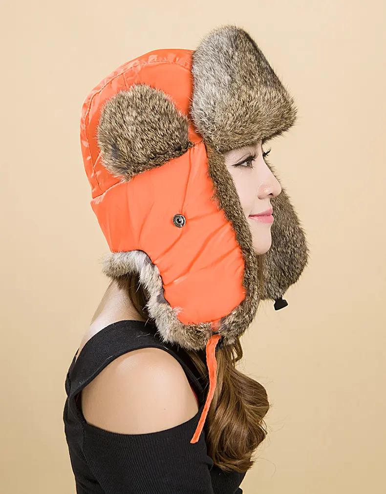 Unisex Orange Rabbit Fur Trapper Hat Windproof Warm Winter Ear Flap Hat