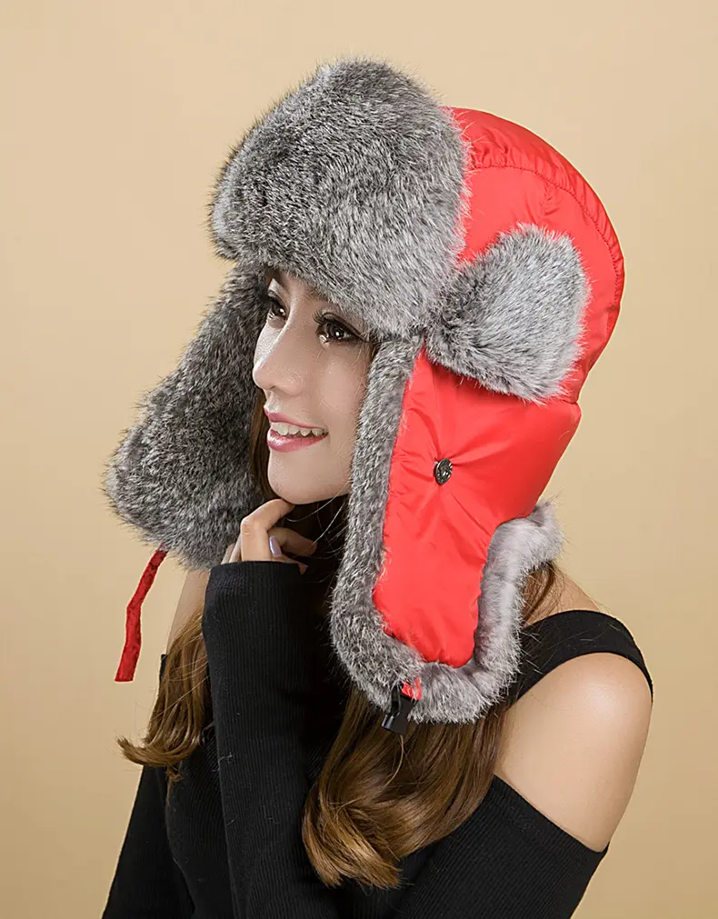 Unisex Red Rabbit Fur Trapper Hat Windproof Warm Winter Ear Flap Hat