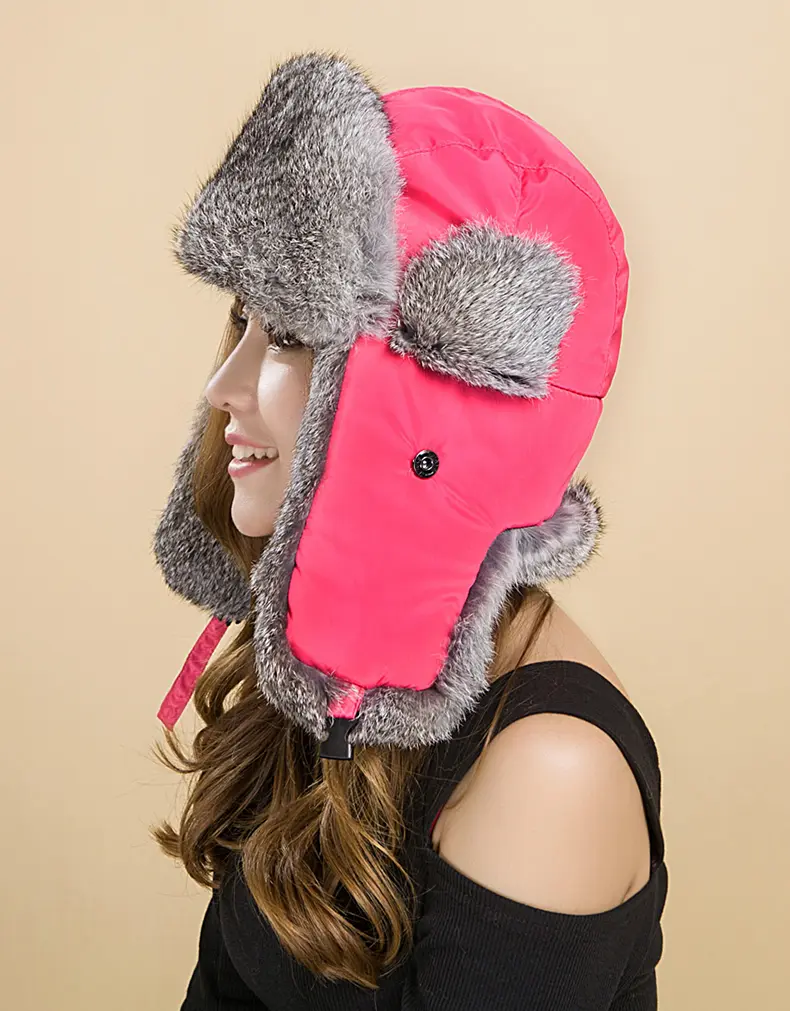 Unisex Hot Pink Rabbit Fur Trapper Hat Windproof Warm Winter Ear Flap Hat