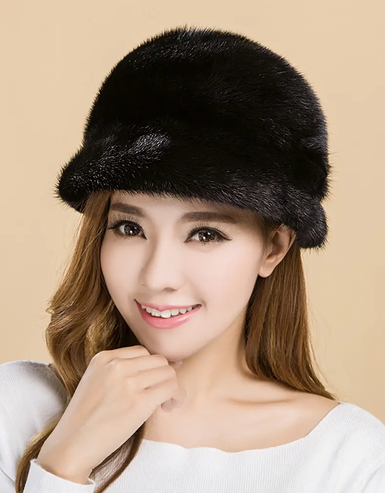 Genuine Whole Mink Fur Bucket Hat Women Rhinestone Flower Winter Warm Cap