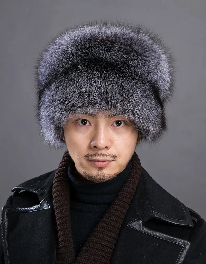 Men Full Silver Fox Fur Trapper Hat Winter Warm Real Fur Hat