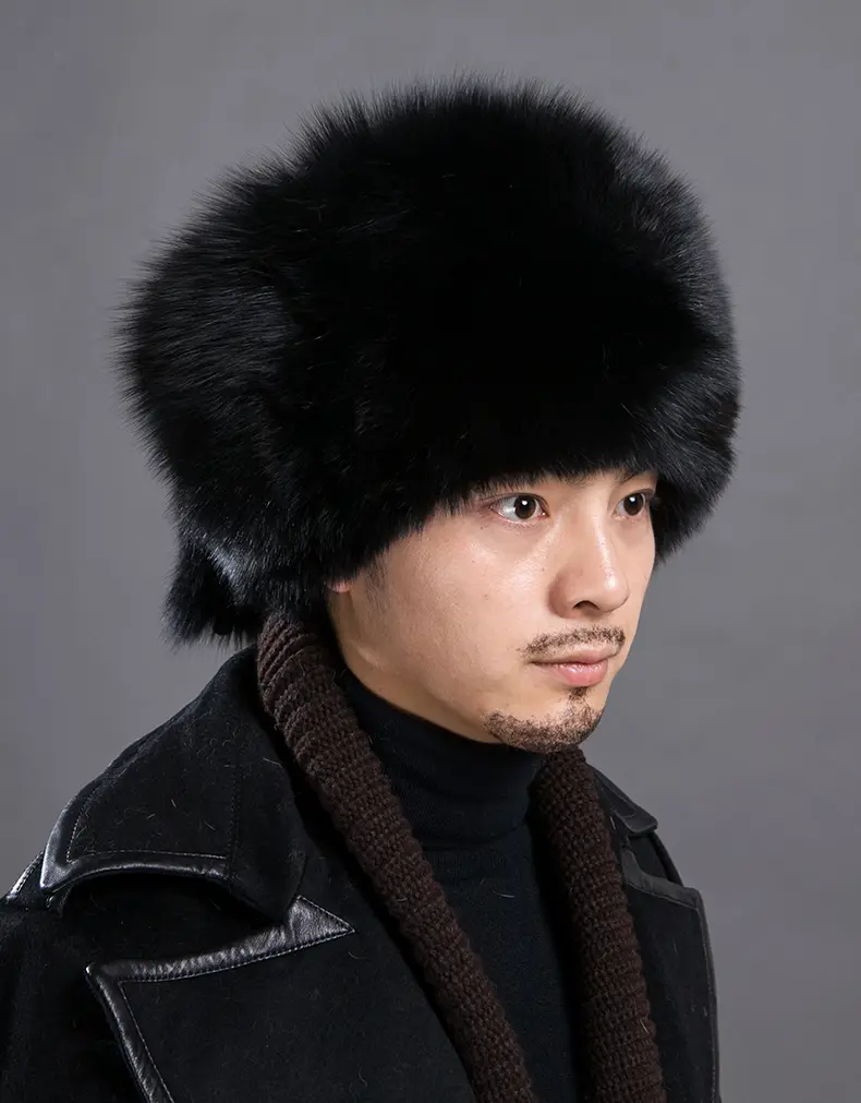 Men Full Black Fox Fur Trapper Hat Warm Winter Real Fur Cap