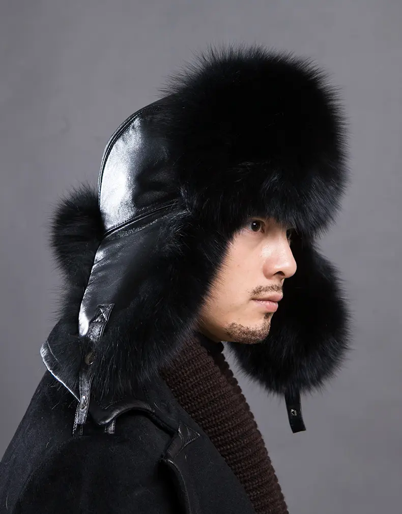 Men Sheepskin Trapper Hat with Full Fox Fur Lining