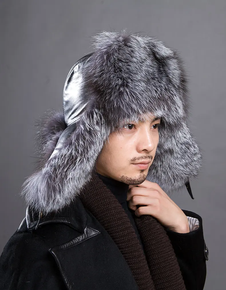 Men Sheepskin Trapper Hat with Silver Fox Fur Lining