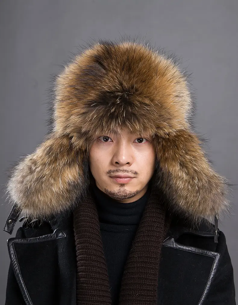 Men Sheepskin Trapper Hat with Raccoon Fur Lining