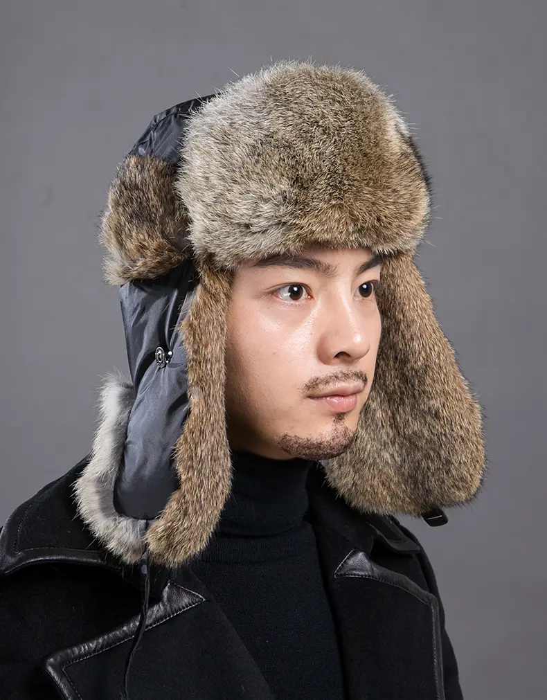 Men's Real Rabbit Fur Trapper Hat Winter Warm Aviator Trooper Hat