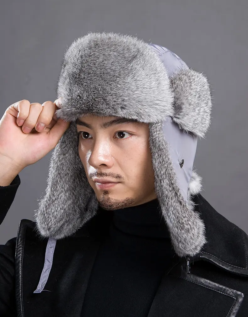Men's Real Rabbit Fur Trapper Hat Grey Winter Warm Ear Flap Trooper Hat