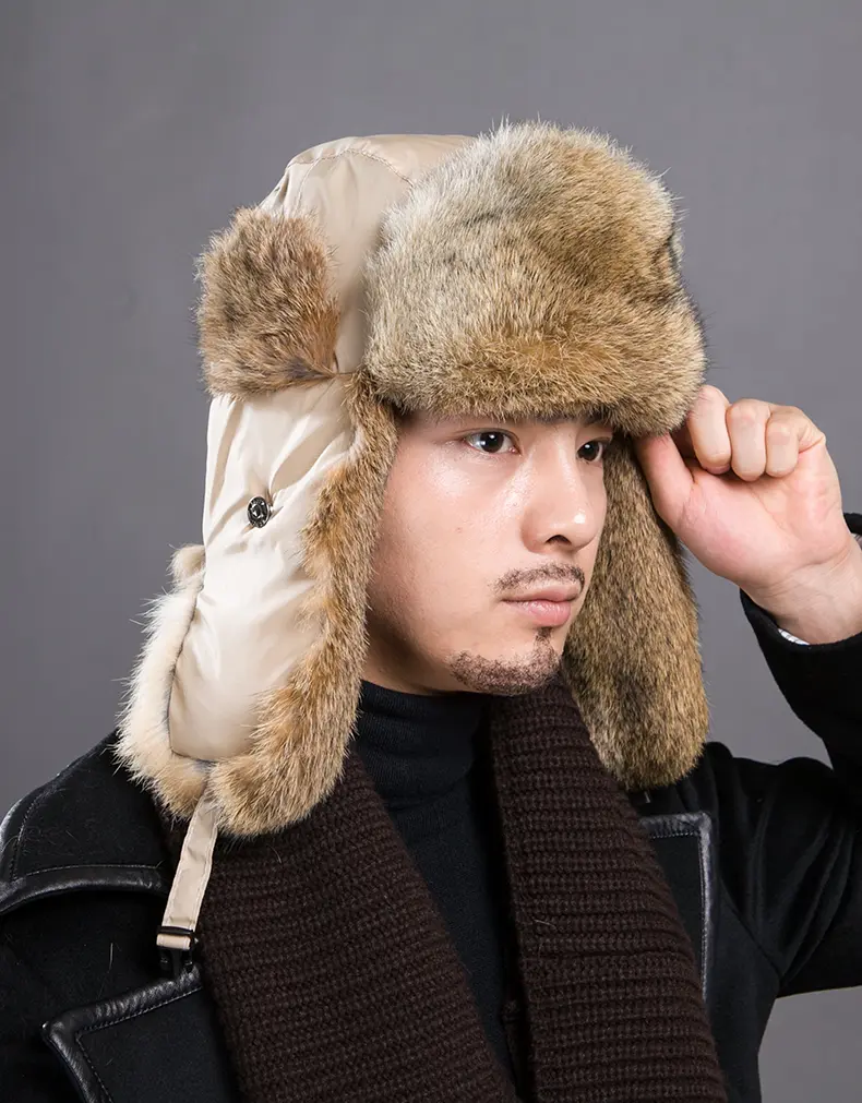 Men's Real Rabbit Fur Trapper Hat Khaki Winter Warm Ear Flap Trooper Hat