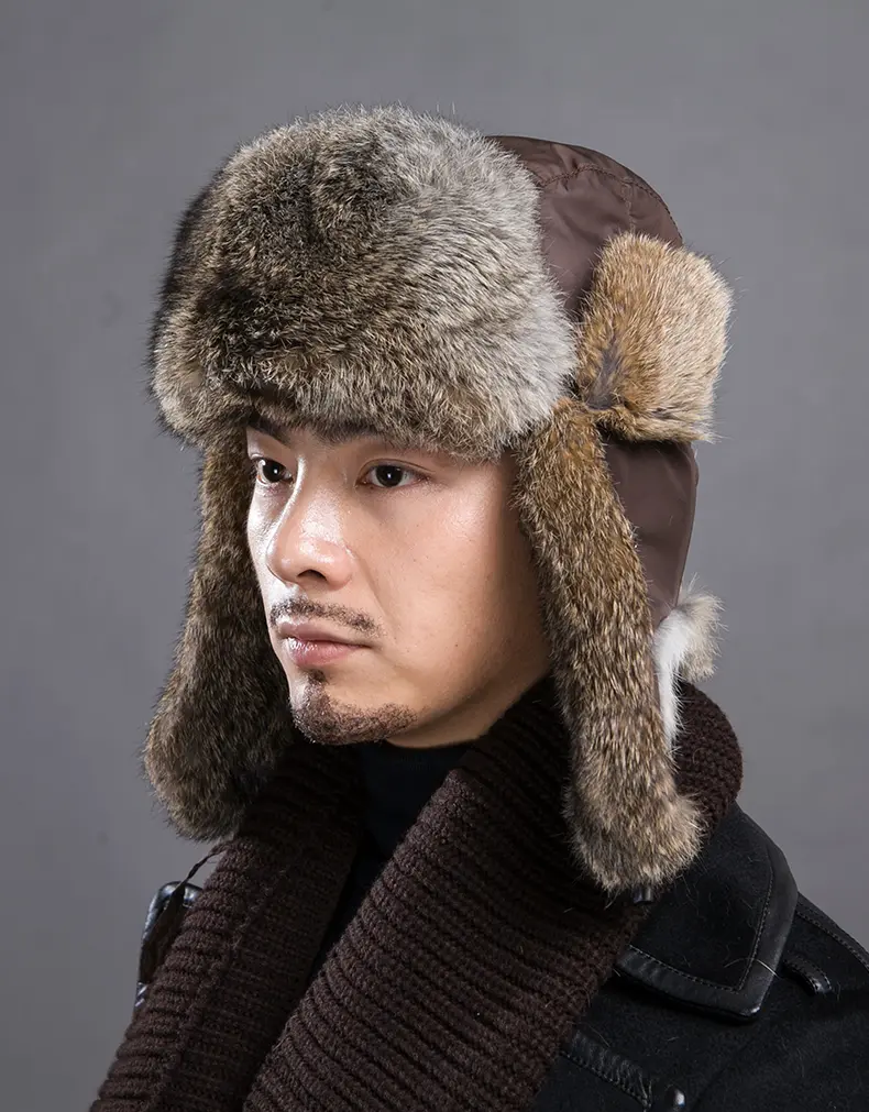 Men's Real Rabbit Fur Trapper Hat Brown Winter Warm Ear Flap Trooper Hat