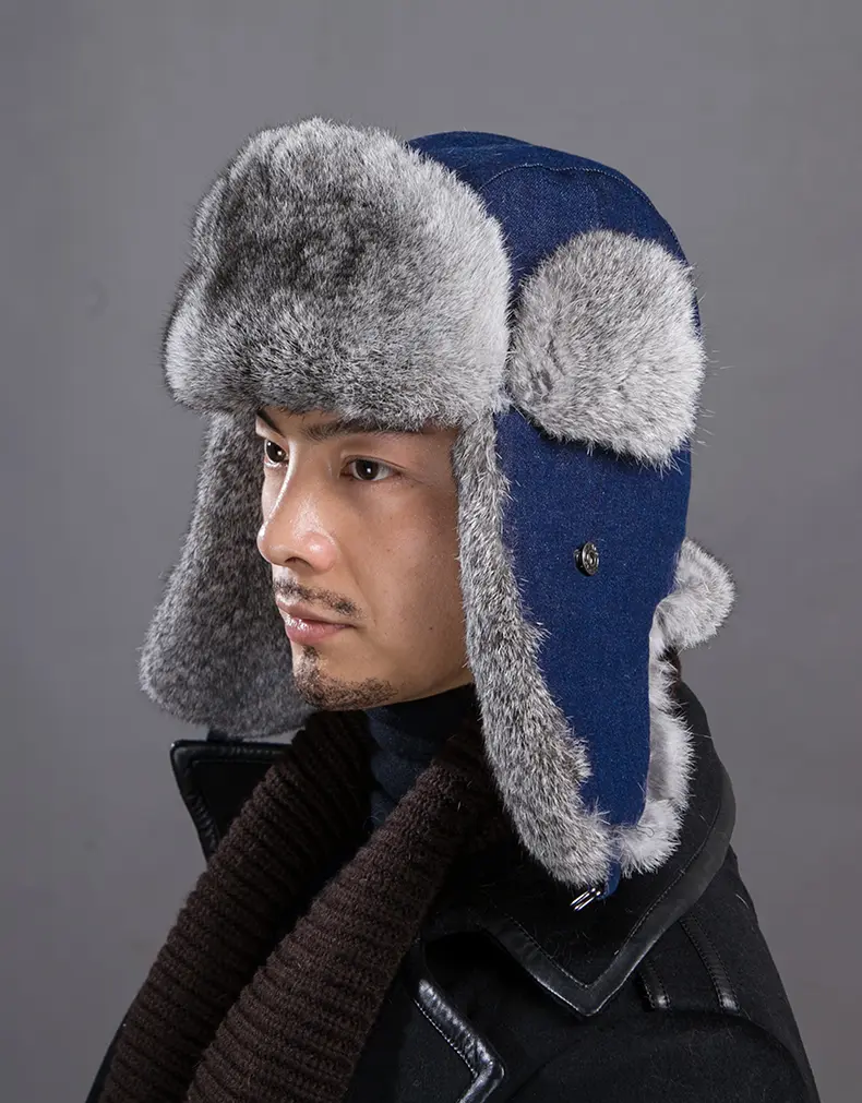 Men's Denim Real Rabbit Fur Trapper Hat Winter Warm Ear Flap Trooper Hat