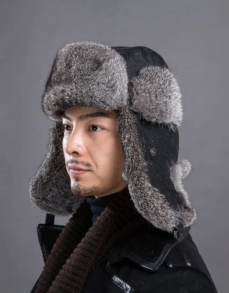 Men's Black Denim Real Rabbit Fur Trapper Hat Winter Warm Ear Flap Trooper Hat