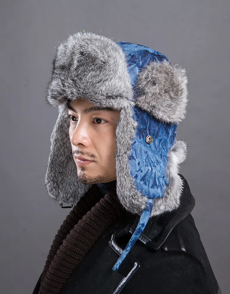 Men's Printed Denim Real Rabbit Fur Trapper Hat Winter Warm Ear Flap Trooper Hat